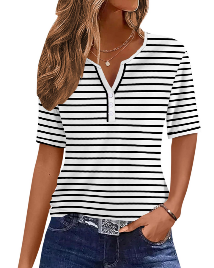 Wren T-Shirt Donna Elegante – Top Estivo Scollo V Henley, Bottoni, Maniche Corte