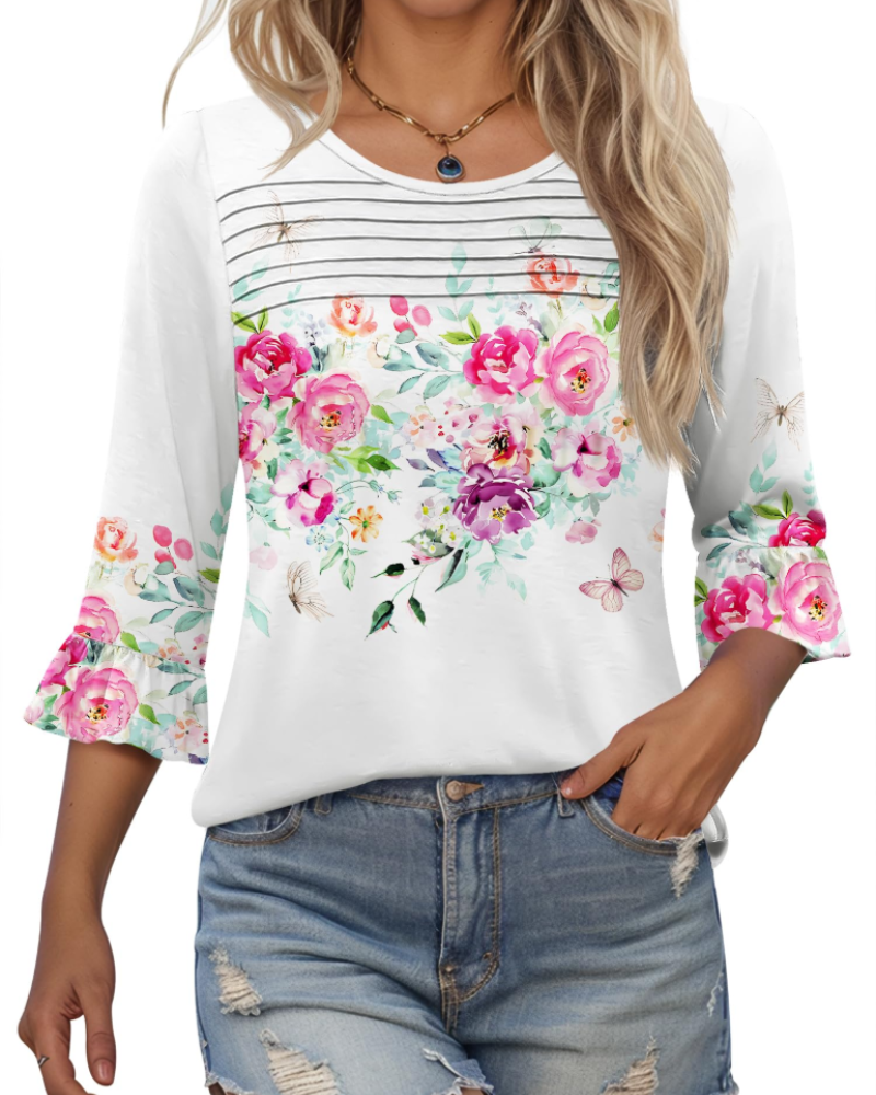 Briar Blusa Donna Elegante – Tunica Estiva Maniche 3/4, Plissé, Girocollo, Casual Chic