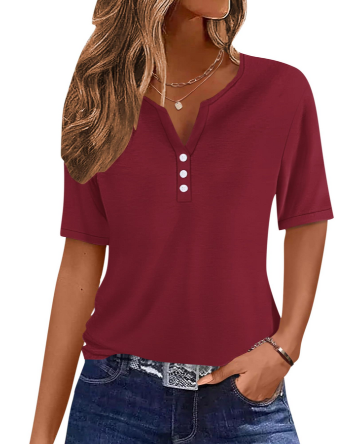 Wren T-Shirt Donna Elegante – Top Estivo Scollo V Henley, Bottoni, Maniche Corte