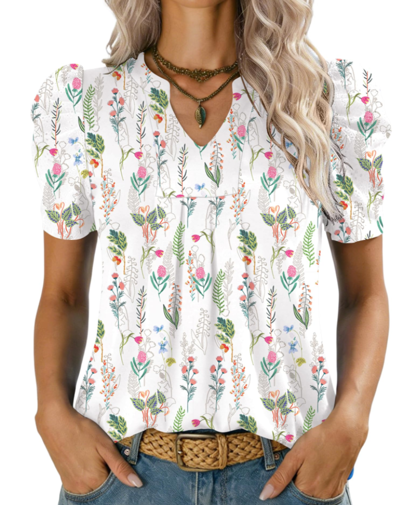 Zivelie Blouse Femme Élégante – Top Estival Col V, Manches Courtes Bouffantes, Décontracté Chic