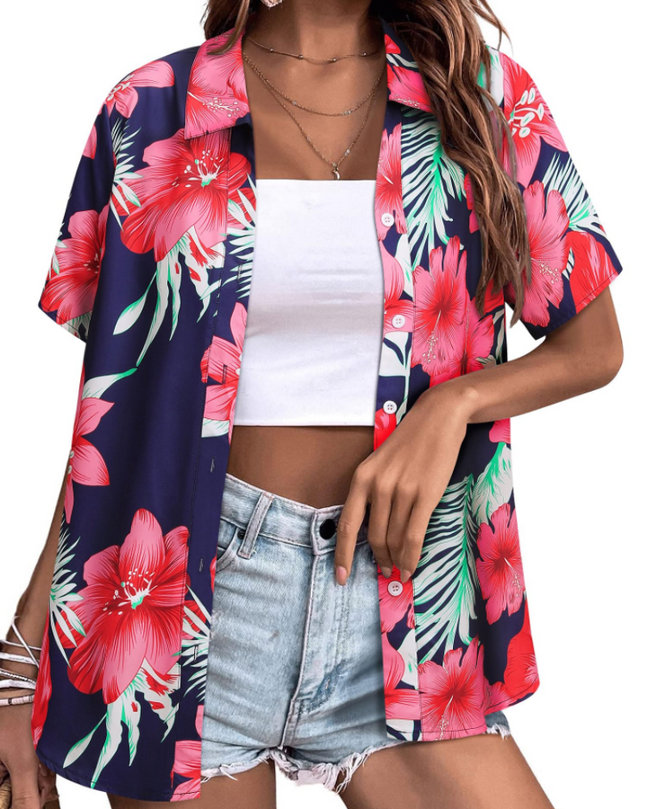Sloane Damenbluse Hawaii – Sommerliches Blumen-Top, V-Ausschnitt, Kurzärmlig, Lässig