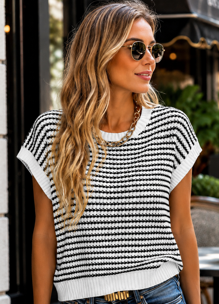 Viora Maglia Donna Tricotată – Guler Rotund cu Dungi, Mâneci Cap și Pulover Ușor Casual Chic