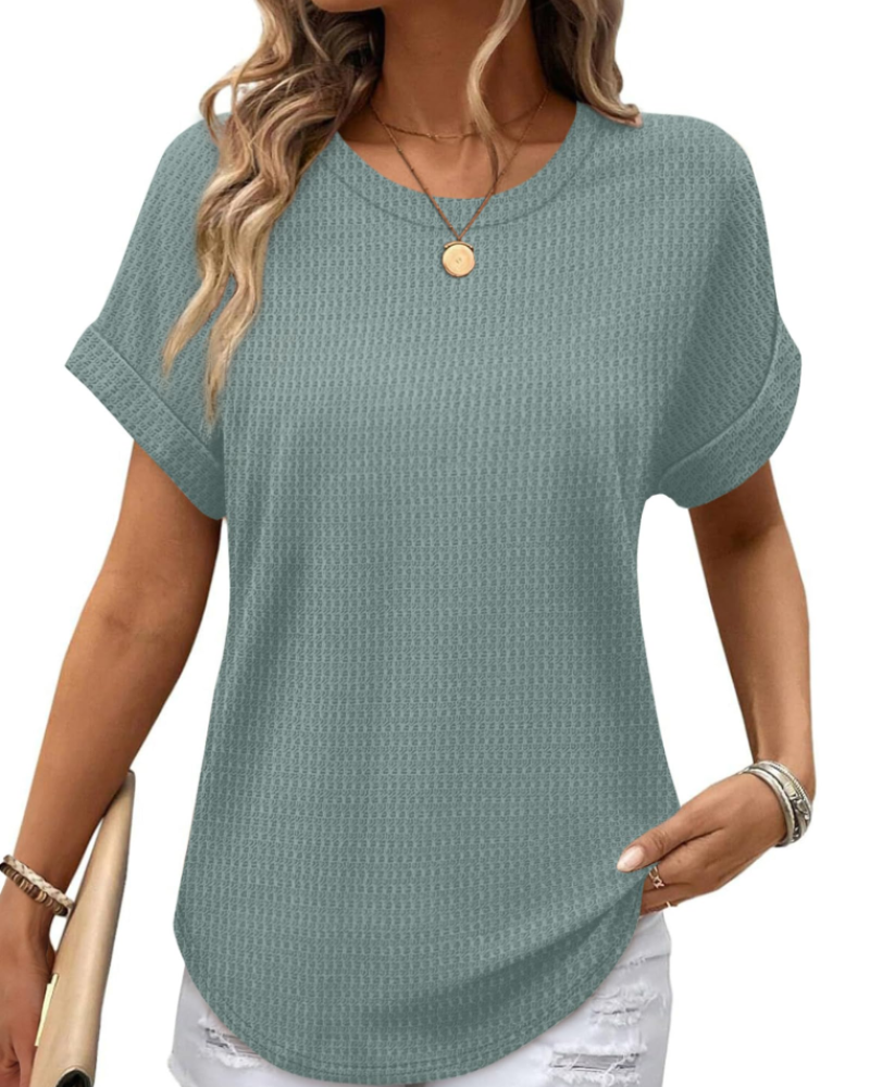 Riora Top Donna Waffle Knit – Girocollo, Maniche Arrotolate & Vestibilità Loose Fit Casual