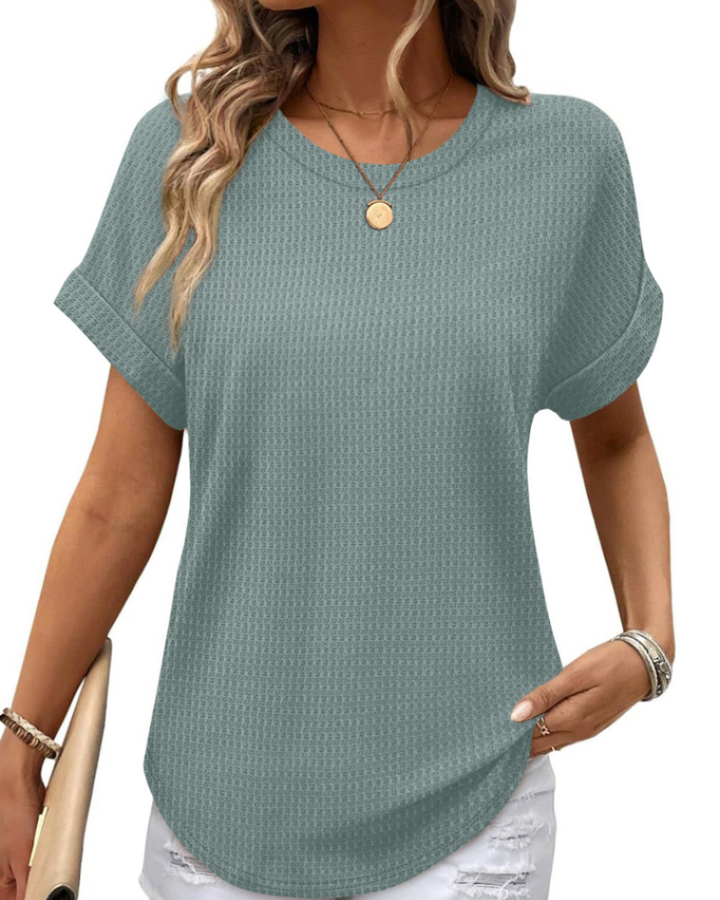 Riora Top Donna Waffle Knit – Girocollo, Maniche Arrotolate & Vestibilità Loose Fit Casual