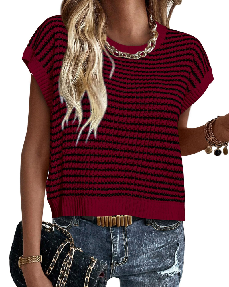 Viora Maglia Donna Tricotată – Guler Rotund cu Dungi, Mâneci Cap și Pulover Ușor Casual Chic