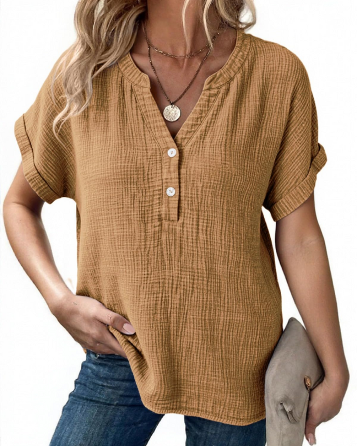 Nessa Dámská halenka – Výstřih do V s knoflíky, prodyšná bavlna & volný casual top