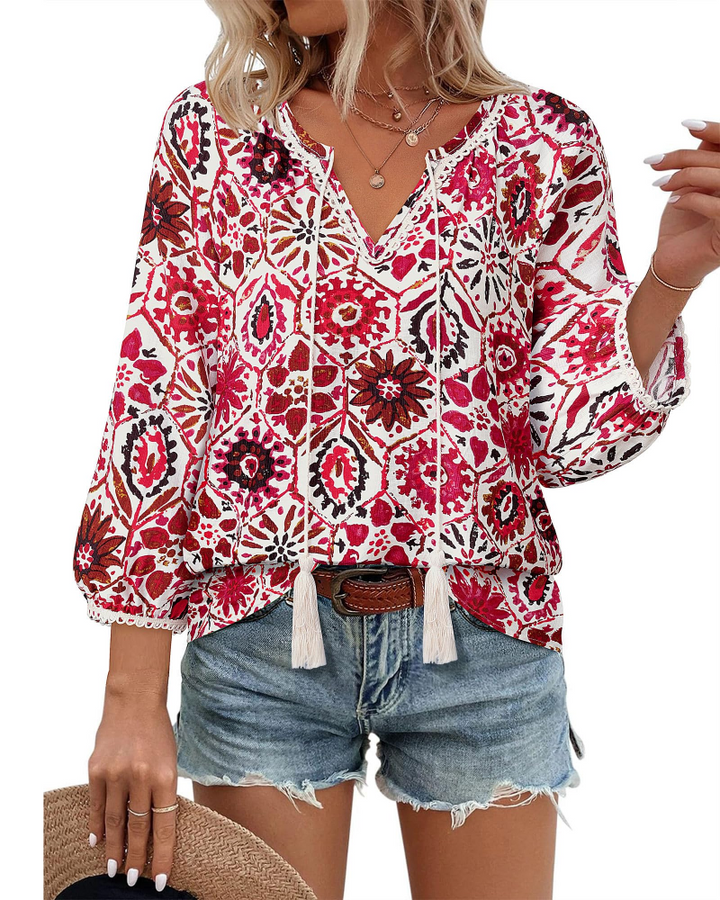 Azelia Blouse Femme Bohème – Col en V, Imprimé Floral & Nœud Avant, Manches 3/4 Fluides