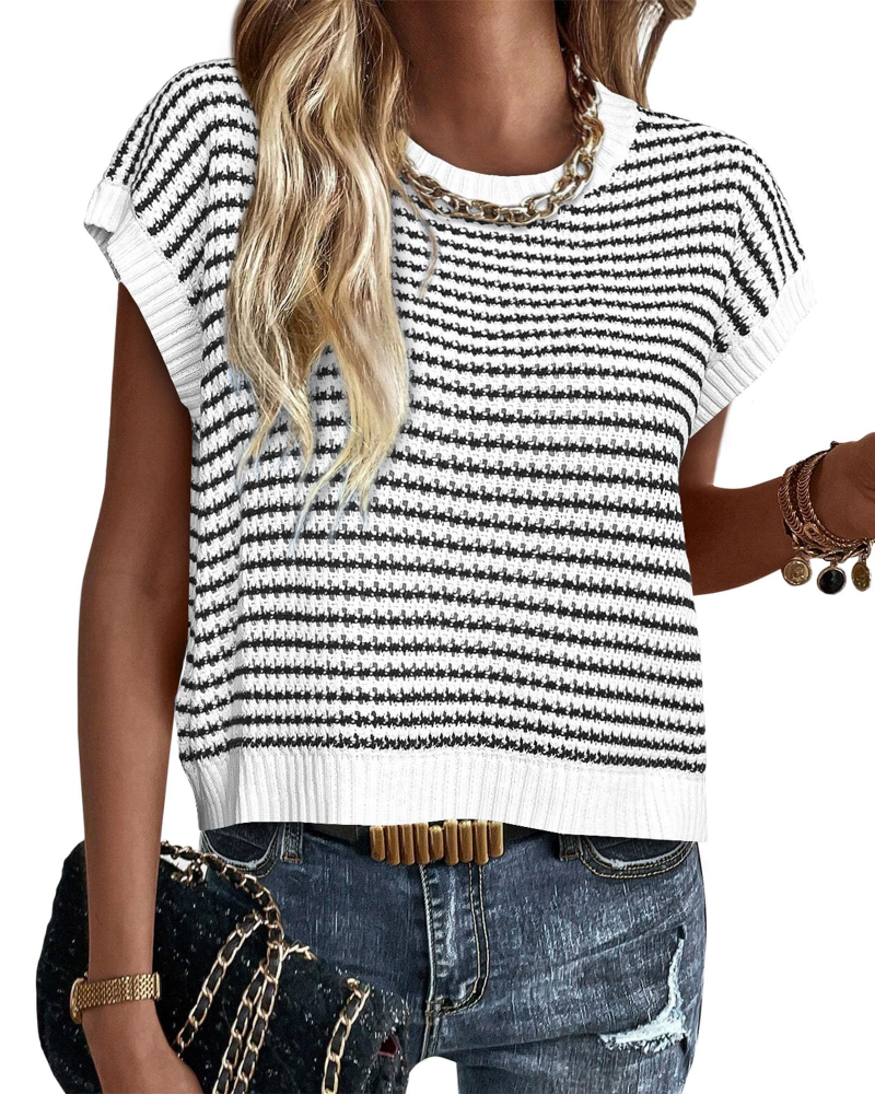 Viora Maglia Donna Tricotată – Guler Rotund cu Dungi, Mâneci Cap și Pulover Ușor Casual Chic