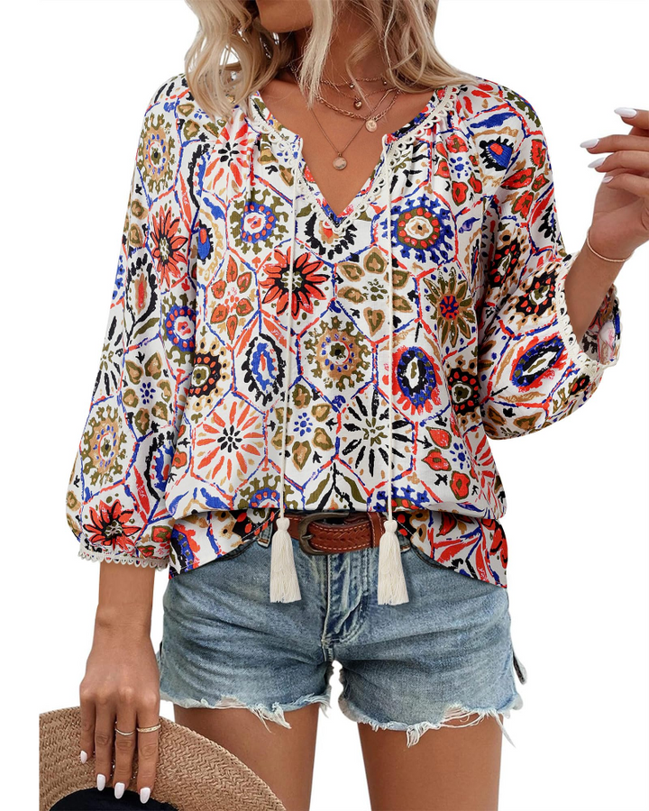 Azelia Blouse Femme Bohème – Col en V, Imprimé Floral & Nœud Avant, Manches 3/4 Fluides