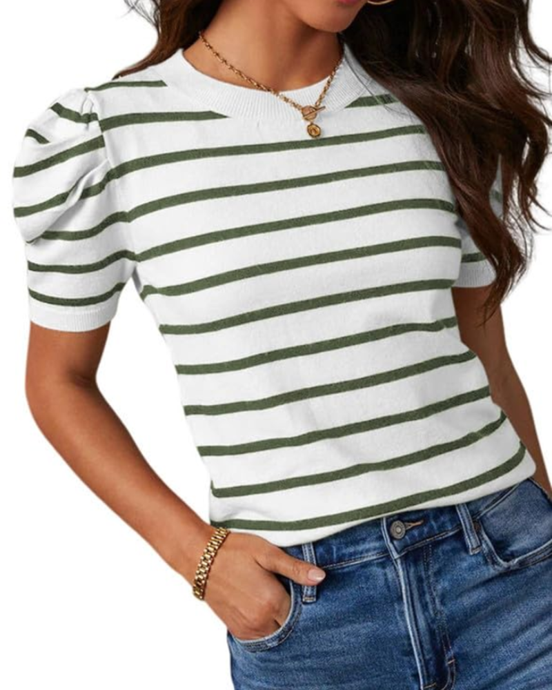 Alvena Top Donna – Girocollo a Righe, Maniche Puff & Maglia Knit Slim Fit Estiva