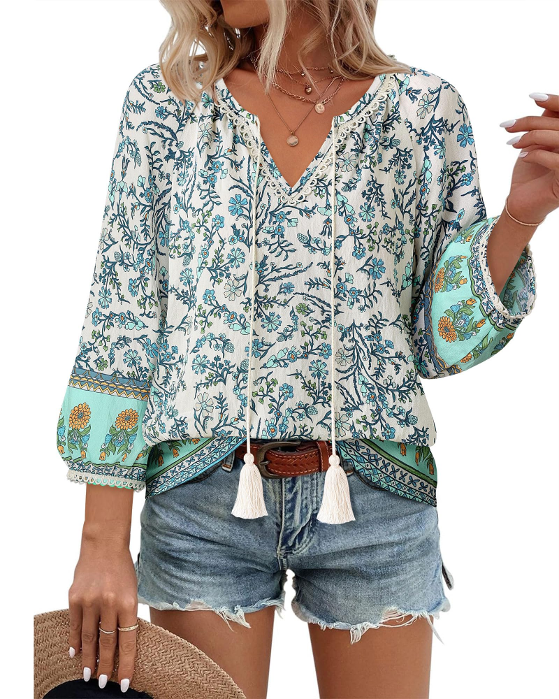 Azelia Blouse Femme Bohème – Col en V, Imprimé Floral & Nœud Avant, Manches 3/4 Fluides