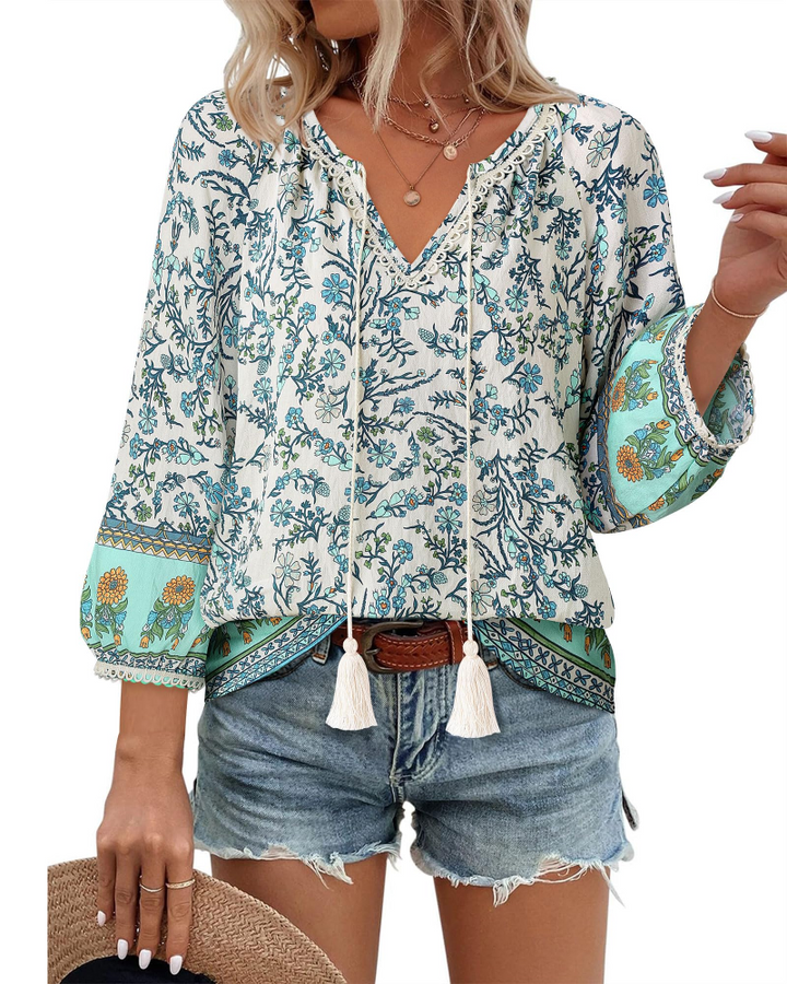 Azelia Blouse Femme Bohème – Col en V, Imprimé Floral & Nœud Avant, Manches 3/4 Fluides
