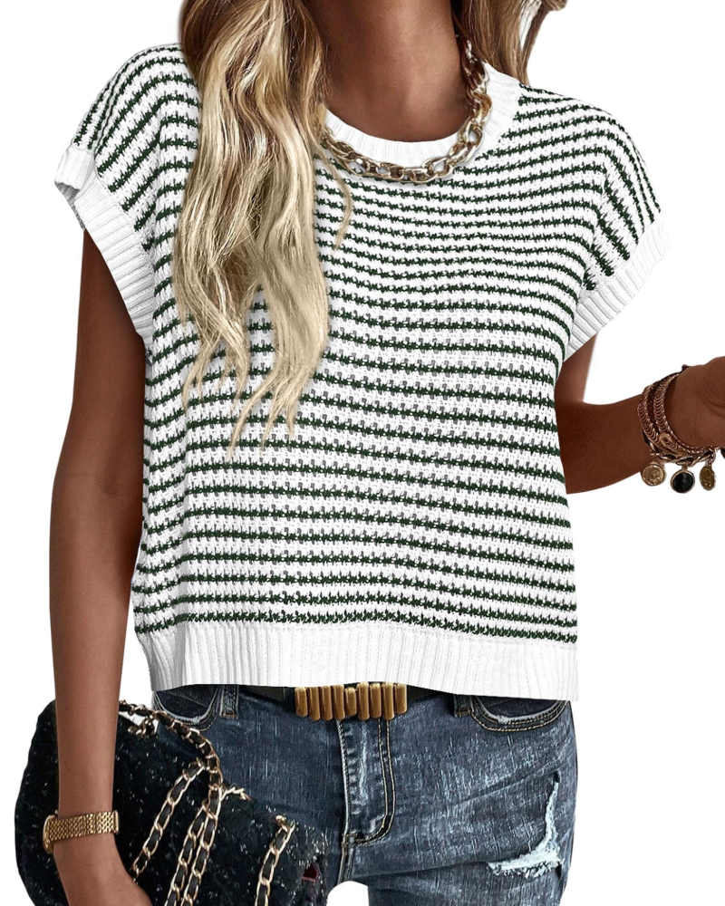 Viora Maglia Donna Tricotată – Guler Rotund cu Dungi, Mâneci Cap și Pulover Ușor Casual Chic