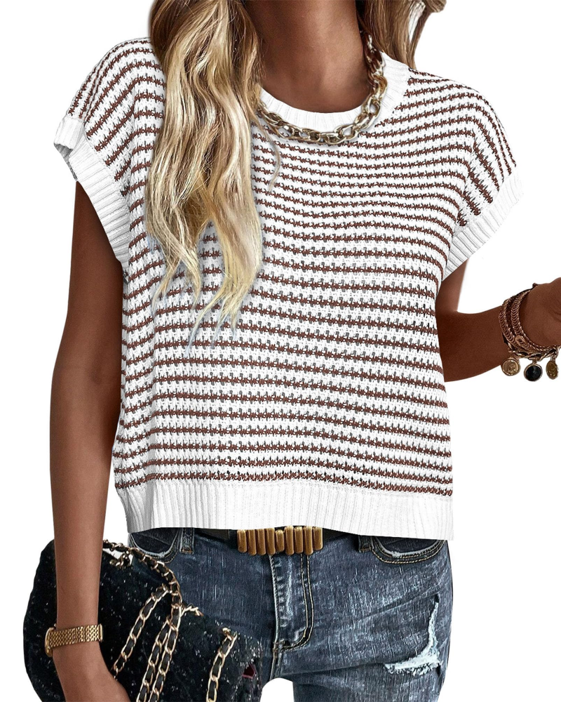 Viora Maglia Donna Tricotată – Guler Rotund cu Dungi, Mâneci Cap și Pulover Ușor Casual Chic