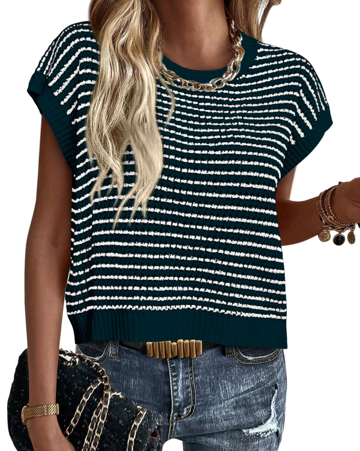 Viora Maglia Donna Tricotată – Guler Rotund cu Dungi, Mâneci Cap și Pulover Ușor Casual Chic