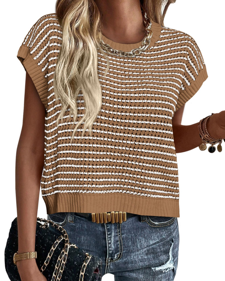 Viora Maglia Donna Tricotată – Guler Rotund cu Dungi, Mâneci Cap și Pulover Ușor Casual Chic