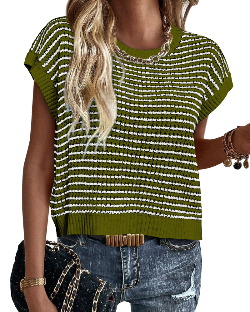 Viora Maglia Donna Tricotată – Guler Rotund cu Dungi, Mâneci Cap și Pulover Ușor Casual Chic