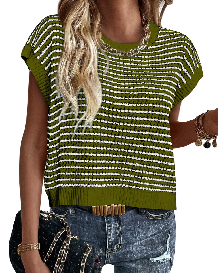 Viora Maglia Donna Tricotată – Guler Rotund cu Dungi, Mâneci Cap și Pulover Ușor Casual Chic