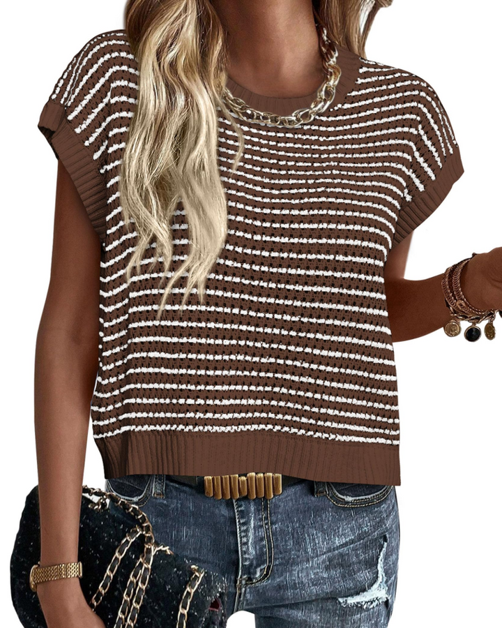 Viora Maglia Donna Tricotată – Guler Rotund cu Dungi, Mâneci Cap și Pulover Ușor Casual Chic