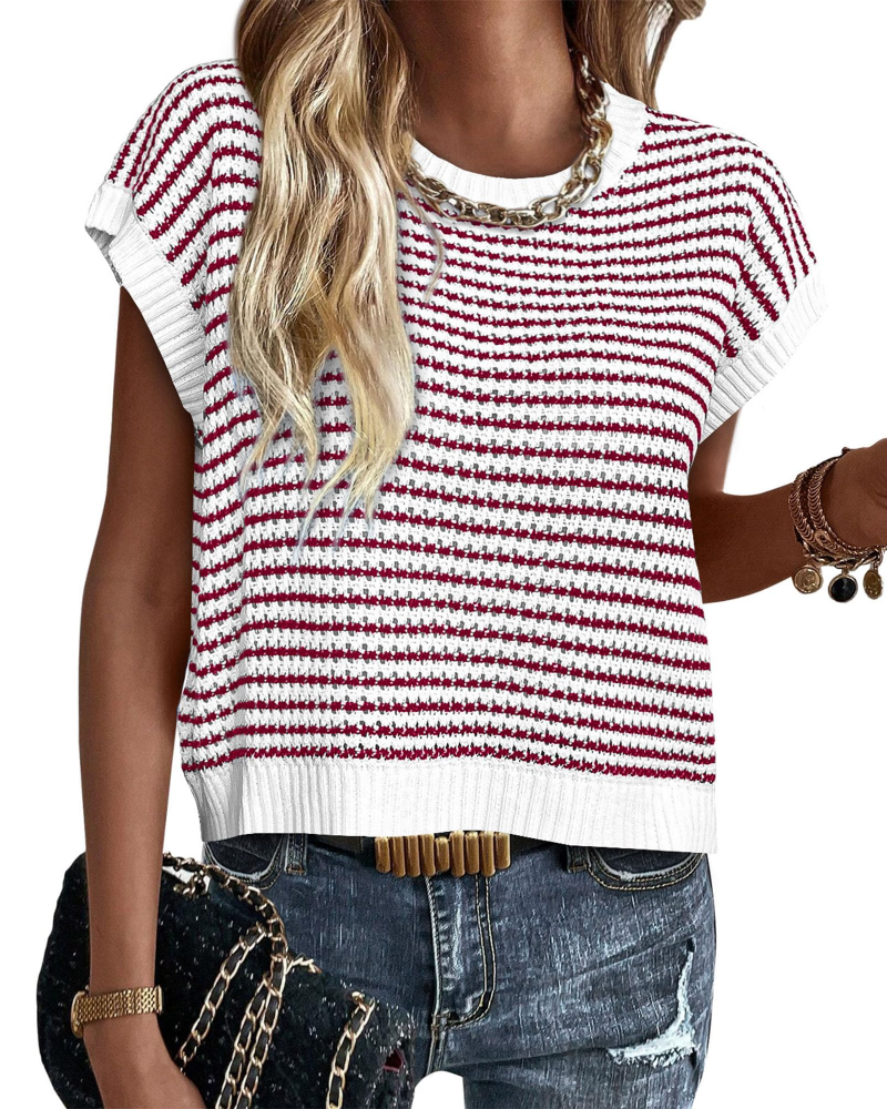 Viora Maglia Donna Tricotată – Guler Rotund cu Dungi, Mâneci Cap și Pulover Ușor Casual Chic