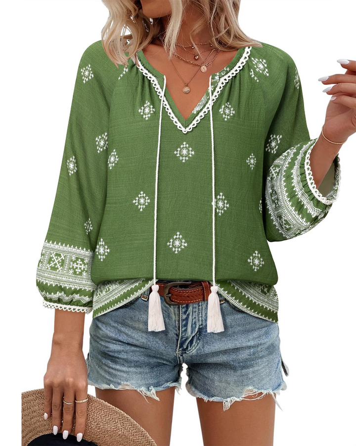 Azelia Blouse Femme Bohème – Col en V, Imprimé Floral & Nœud Avant, Manches 3/4 Fluides