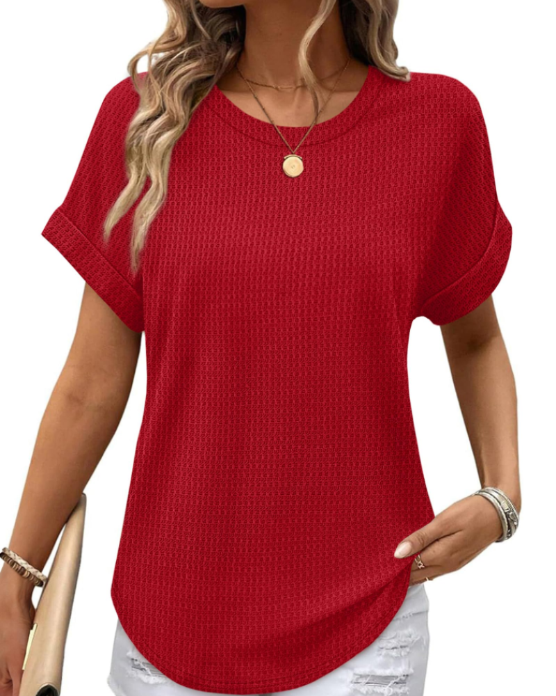 Riora Top Donna Waffle Knit – Girocollo, Maniche Arrotolate & Vestibilità Loose Fit Casual