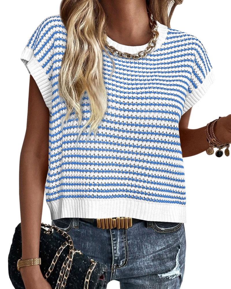 Viora Maglia Donna Tricotată – Guler Rotund cu Dungi, Mâneci Cap și Pulover Ușor Casual Chic