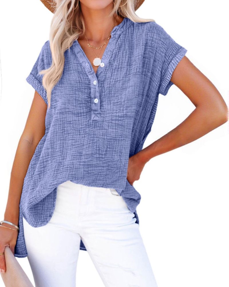 Nessa Dámská halenka – Výstřih do V s knoflíky, prodyšná bavlna & volný casual top
