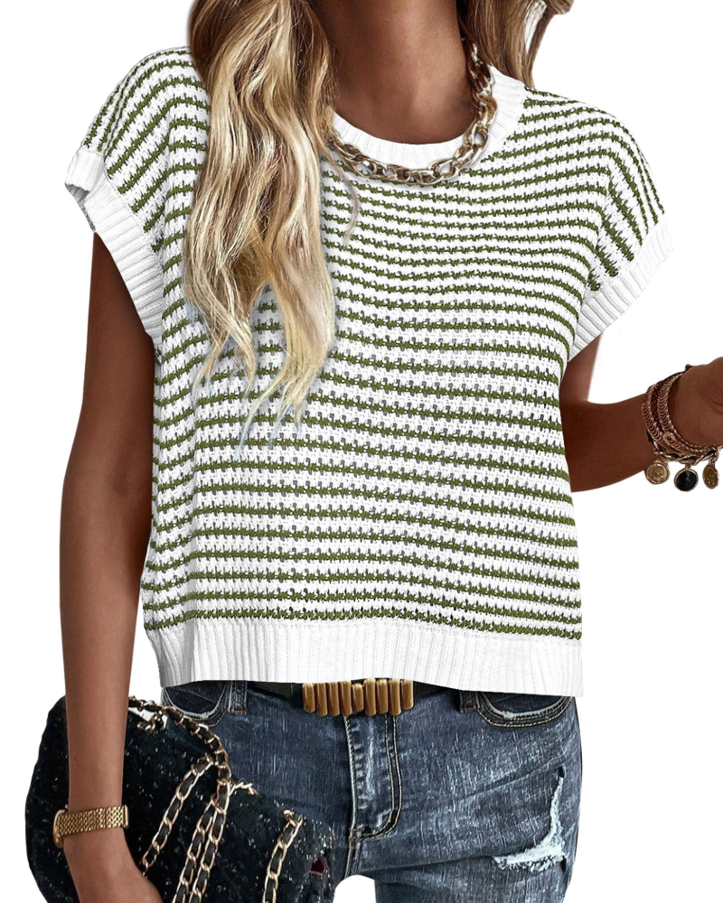 Viora Maglia Donna Tricotată – Guler Rotund cu Dungi, Mâneci Cap și Pulover Ușor Casual Chic