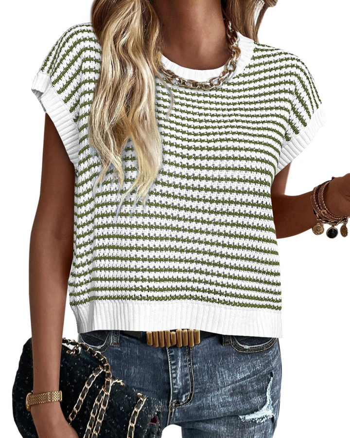 Viora Maglia Donna Tricotată – Guler Rotund cu Dungi, Mâneci Cap și Pulover Ușor Casual Chic