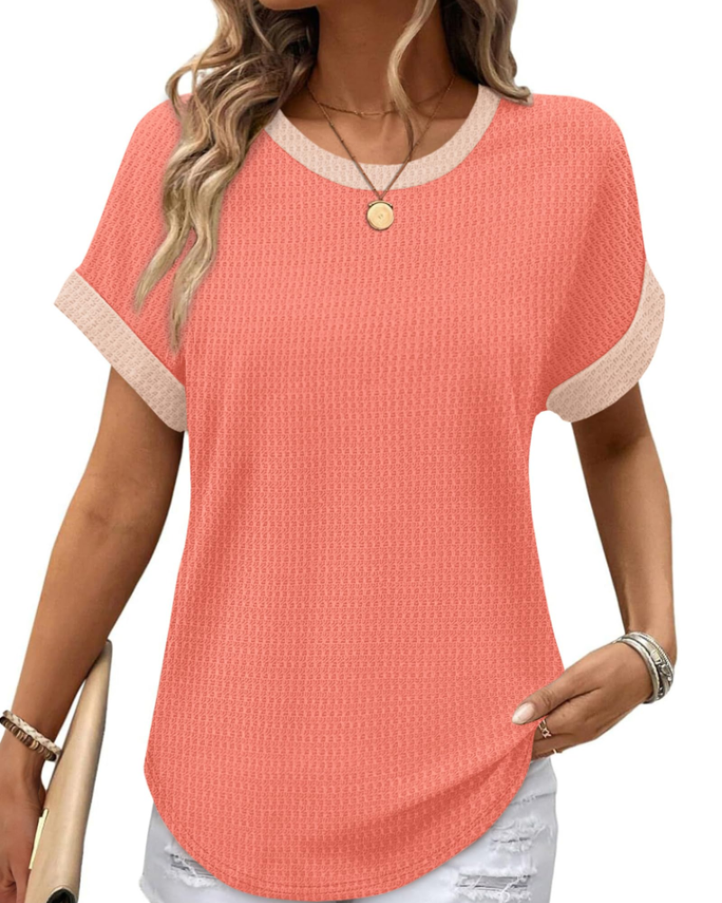 Riora Top Donna Waffle Knit – Girocollo, Maniche Arrotolate & Vestibilità Loose Fit Casual