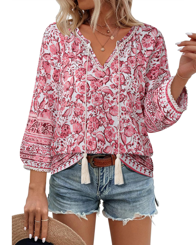 Azelia Blouse Femme Bohème – Col en V, Imprimé Floral & Nœud Avant, Manches 3/4 Fluides