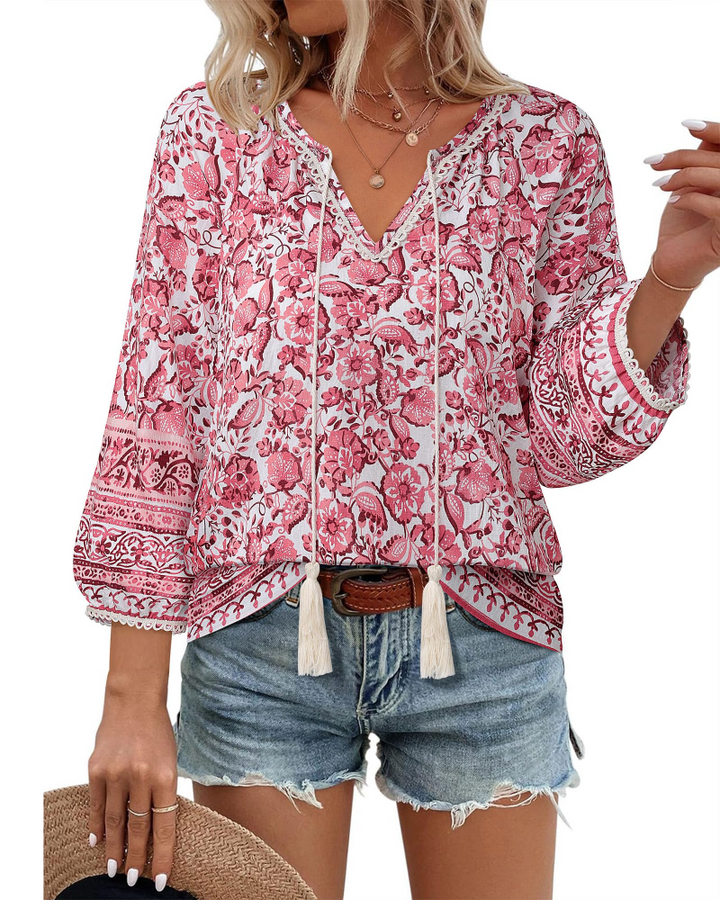 Azelia Blouse Femme Bohème – Col en V, Imprimé Floral & Nœud Avant, Manches 3/4 Fluides