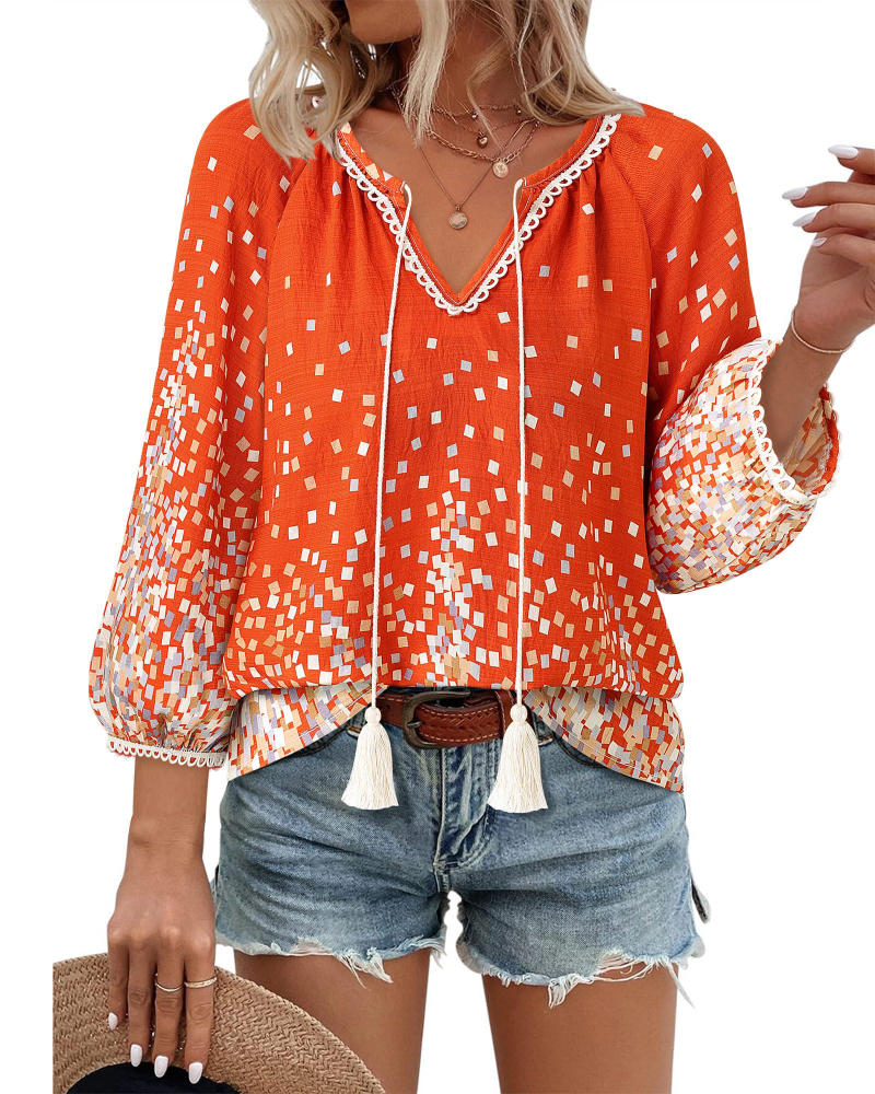 Azelia Blouse Femme Bohème – Col en V, Imprimé Floral & Nœud Avant, Manches 3/4 Fluides