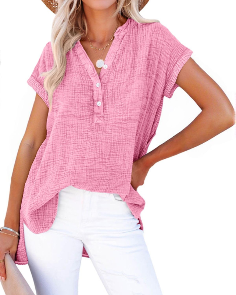 Nessa Dámská halenka – Výstřih do V s knoflíky, prodyšná bavlna & volný casual top