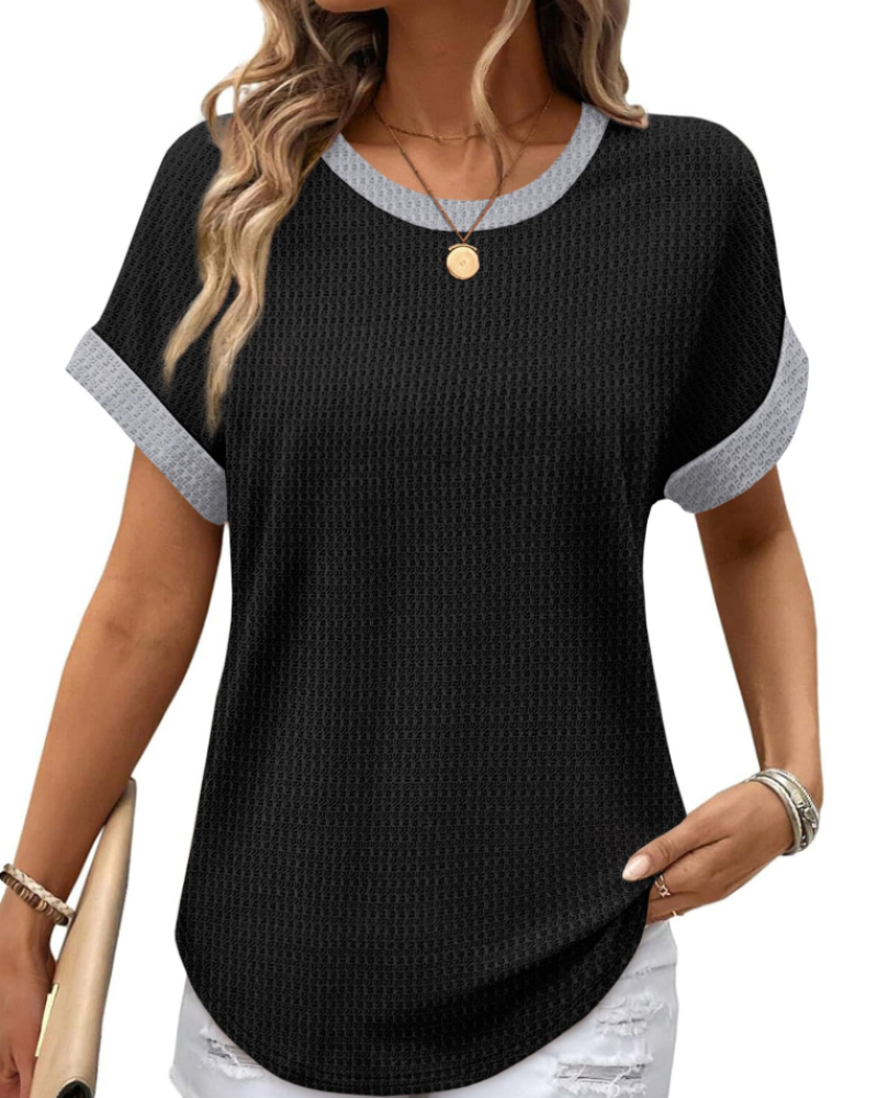 Riora Top Donna Waffle Knit – Girocollo, Maniche Arrotolate & Vestibilità Loose Fit Casual