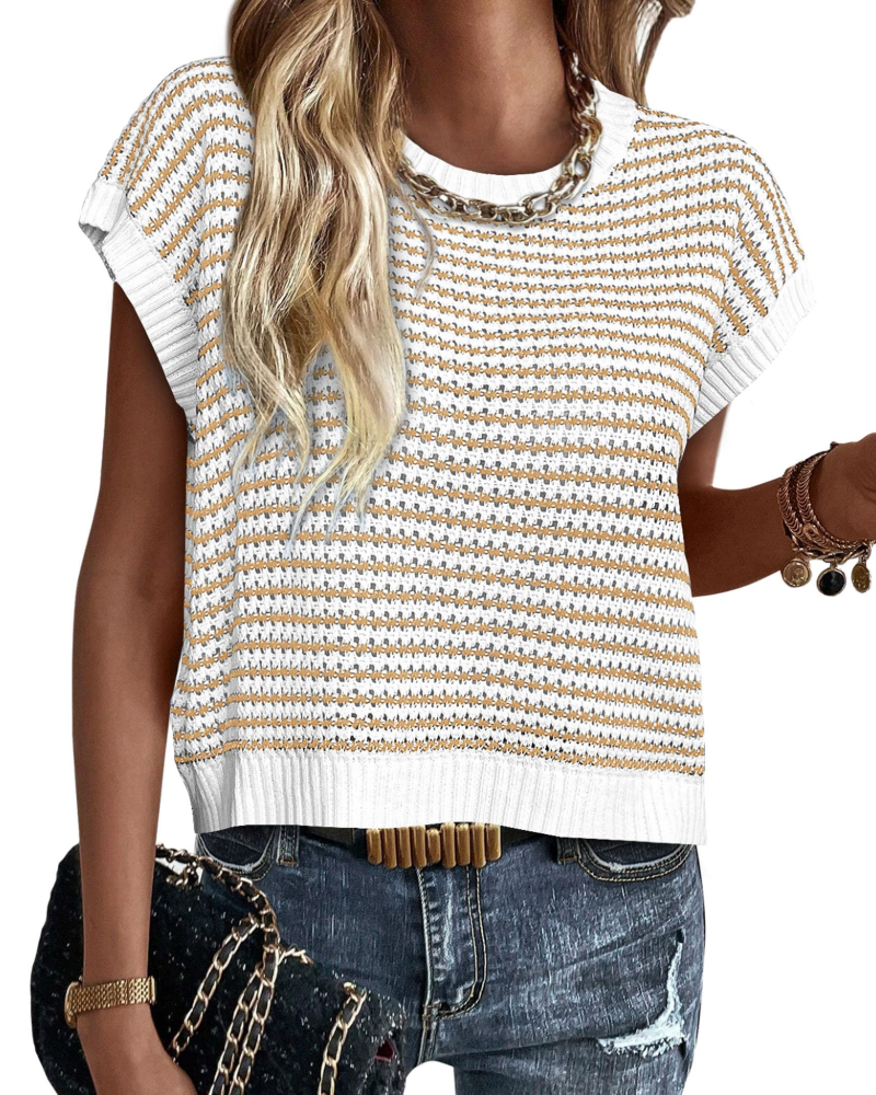 Viora Maglia Donna Tricotată – Guler Rotund cu Dungi, Mâneci Cap și Pulover Ușor Casual Chic