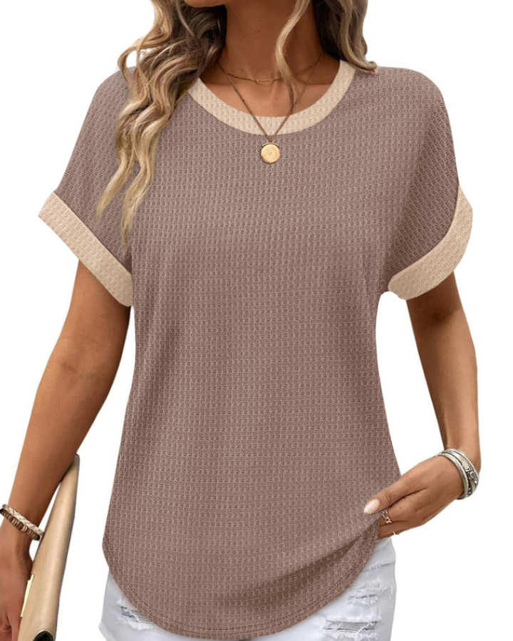 Riora Top Donna Waffle Knit – Girocollo, Maniche Arrotolate & Vestibilità Loose Fit Casual