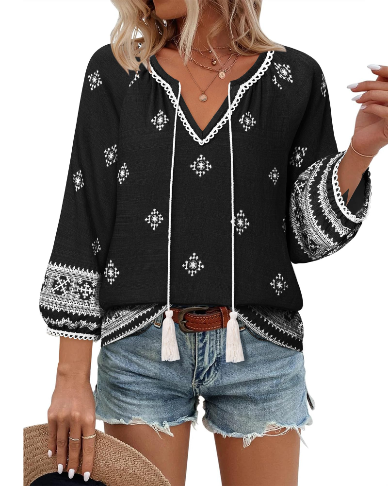 Azelia Blouse Femme Bohème – Col en V, Imprimé Floral & Nœud Avant, Manches 3/4 Fluides