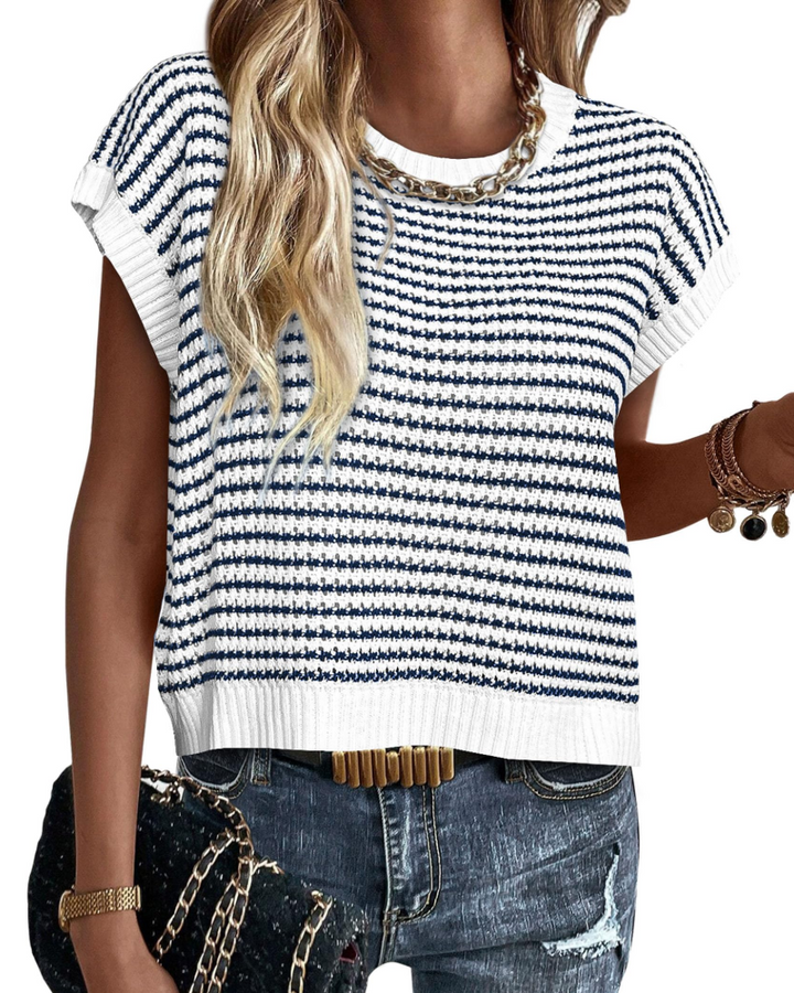 Viora Maglia Donna Tricotată – Guler Rotund cu Dungi, Mâneci Cap și Pulover Ușor Casual Chic