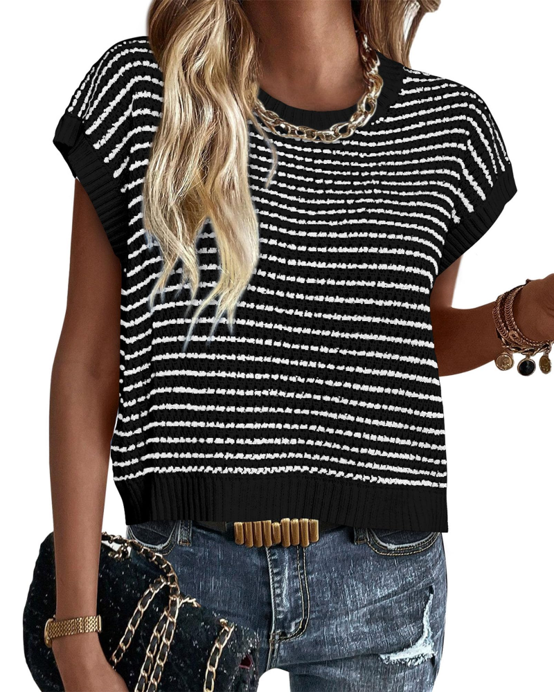 Viora Maglia Donna Tricotată – Guler Rotund cu Dungi, Mâneci Cap și Pulover Ușor Casual Chic