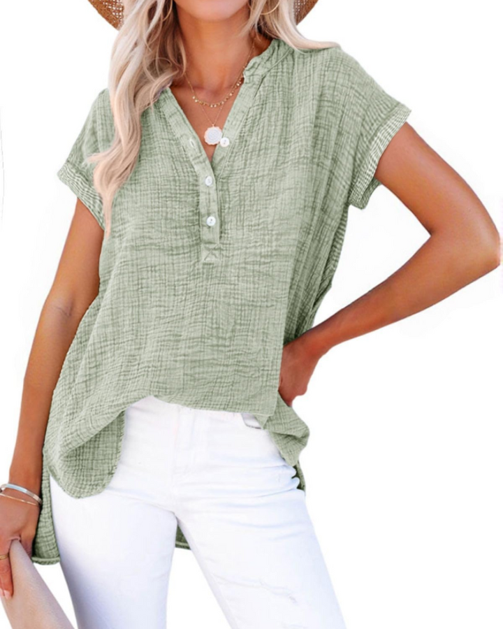 Nessa Dámská halenka – Výstřih do V s knoflíky, prodyšná bavlna & volný casual top