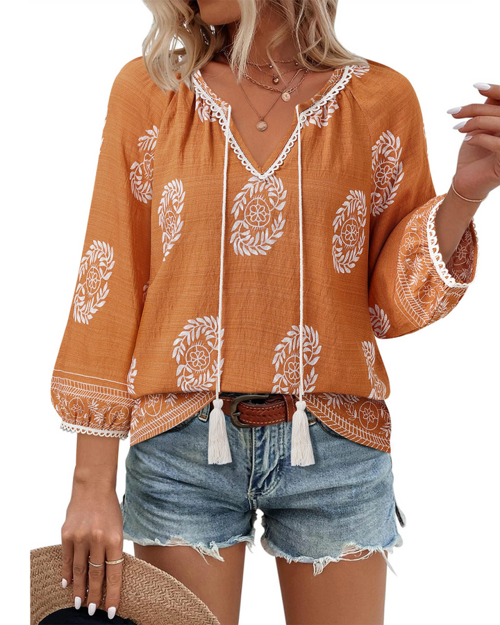 Azelia Blouse Femme Bohème – Col en V, Imprimé Floral & Nœud Avant, Manches 3/4 Fluides