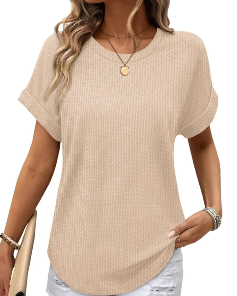 Riora Top Donna Waffle Knit – Girocollo, Maniche Arrotolate & Vestibilità Loose Fit Casual