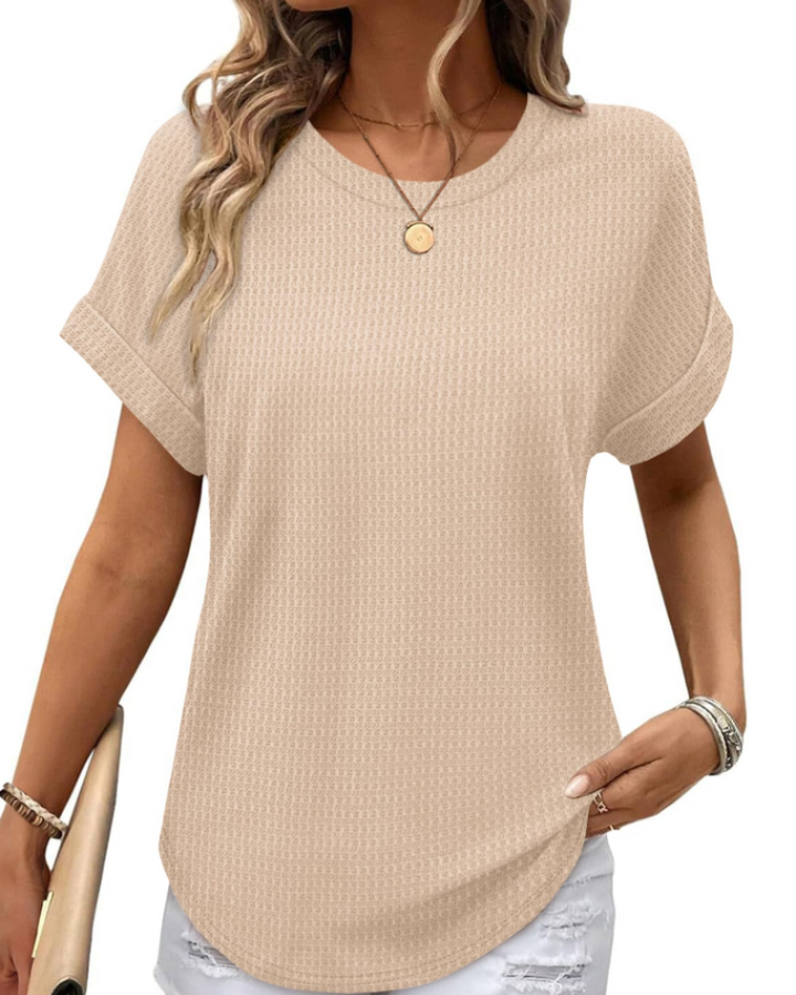 Riora Top Donna Waffle Knit – Girocollo, Maniche Arrotolate & Vestibilità Loose Fit Casual