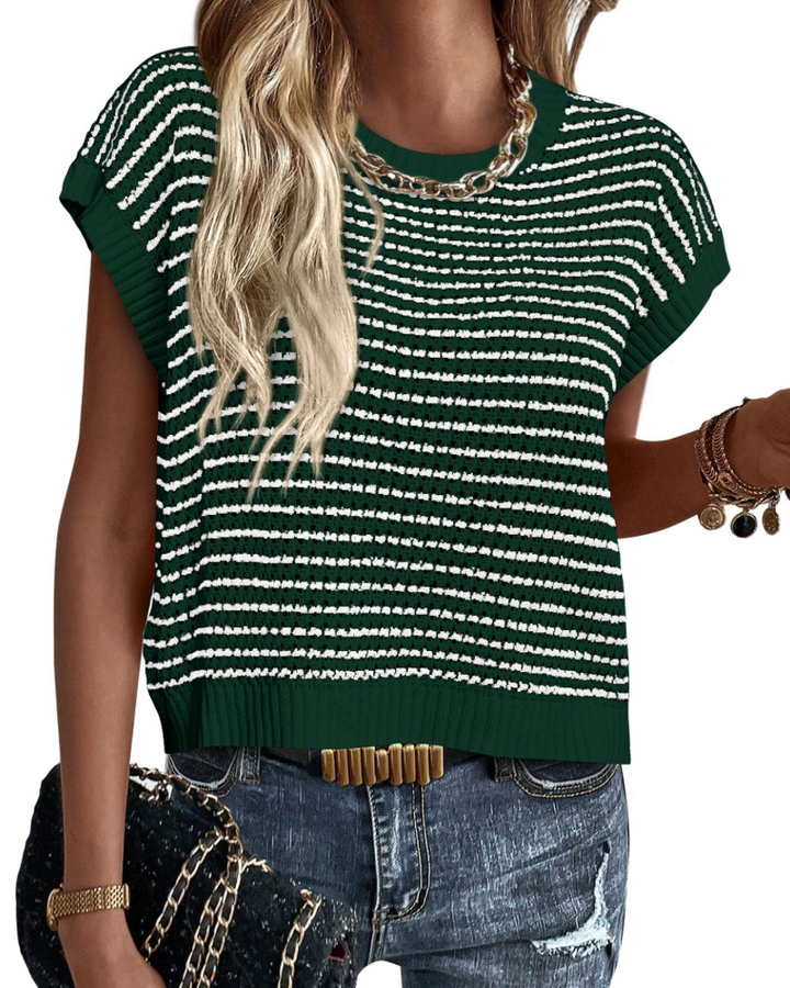 Viora Maglia Donna Tricotată – Guler Rotund cu Dungi, Mâneci Cap și Pulover Ușor Casual Chic