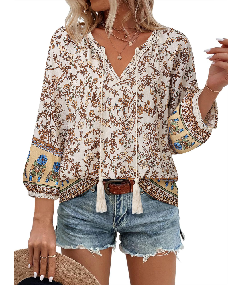 Azelia Blouse Femme Bohème – Col en V, Imprimé Floral & Nœud Avant, Manches 3/4 Fluides