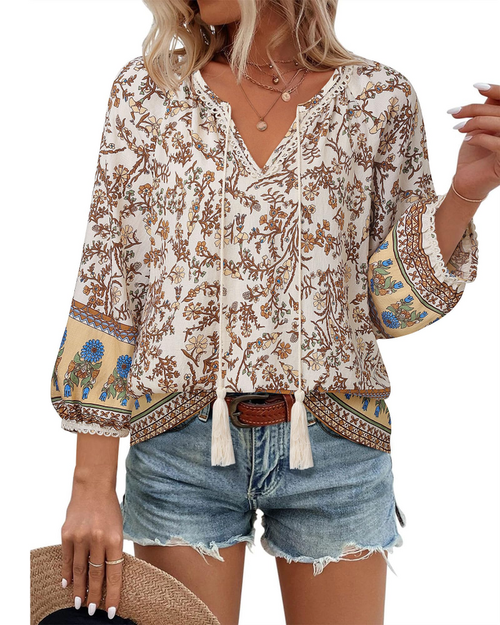 Azelia Blouse Femme Bohème – Col en V, Imprimé Floral & Nœud Avant, Manches 3/4 Fluides