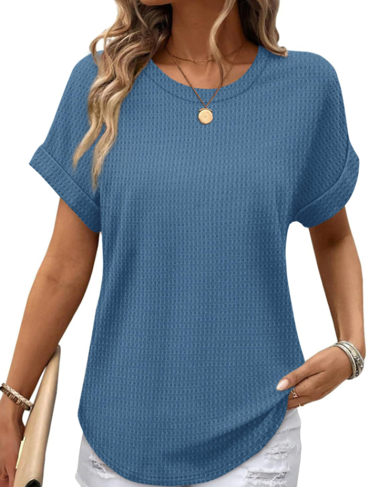 Riora Top Donna Waffle Knit – Girocollo, Maniche Arrotolate & Vestibilità Loose Fit Casual