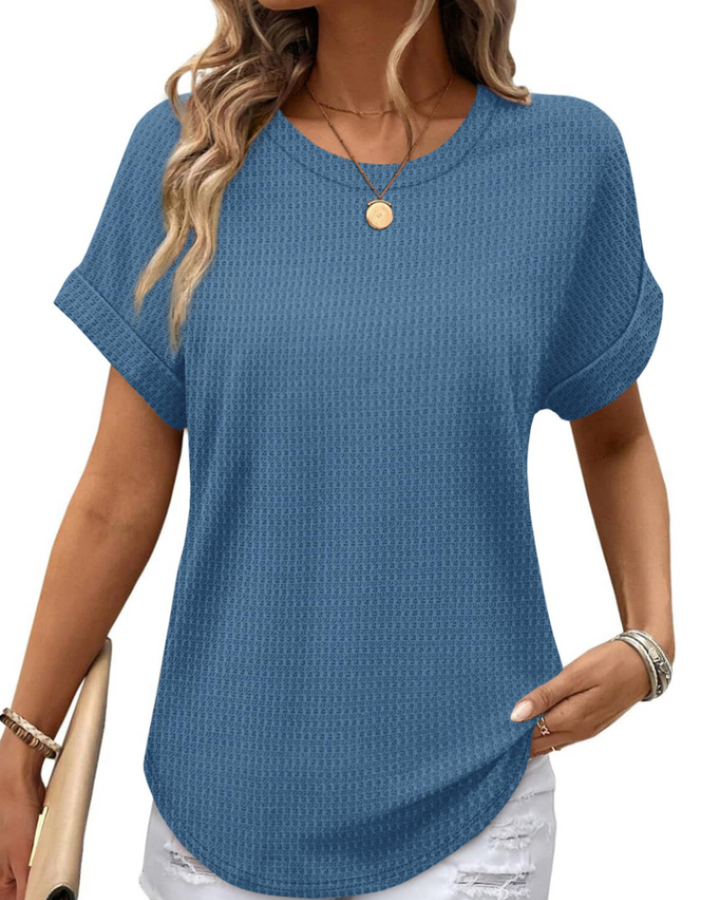 Riora Top Donna Waffle Knit – Girocollo, Maniche Arrotolate & Vestibilità Loose Fit Casual